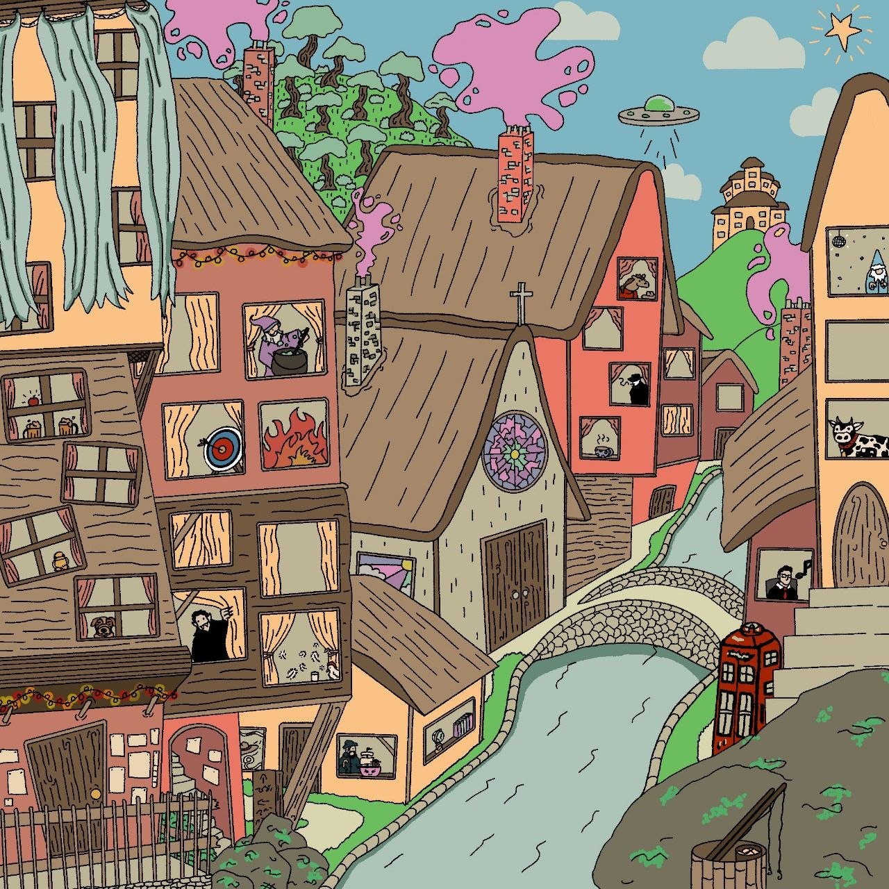 The illustrated town of Puddleford, with crooked buildings, cobbled streets, a floating castle, and a UFO in the sky